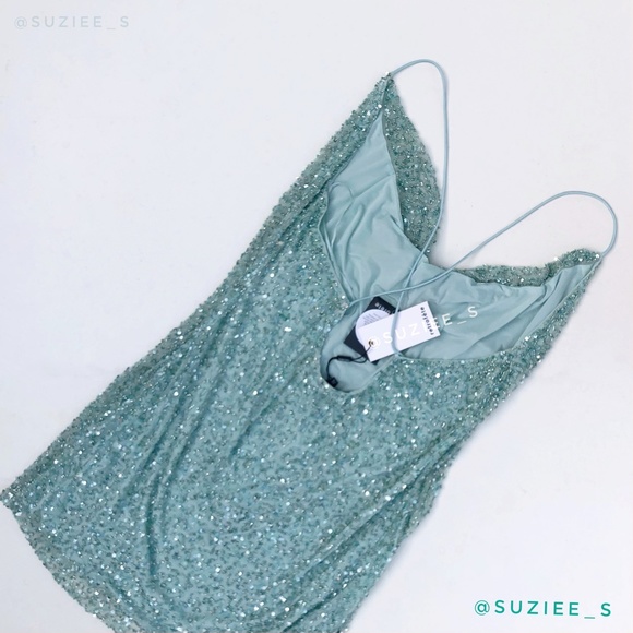 Retrofete Mich Sequin Beaded Embellished Green Cowl Neck Mini Dress XL NWT - Picture 10 of 16